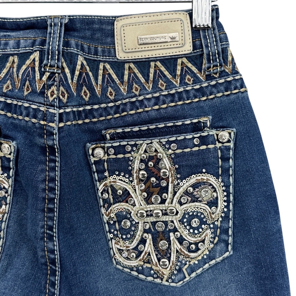Sexy Couture Womens Dark Wash Fleur De Lis Embellished Bootcut Jeans SZ 3 24x32
